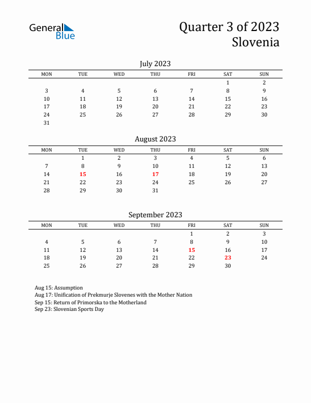 Quarter 3 2023 Slovenia Quarterly Calendar