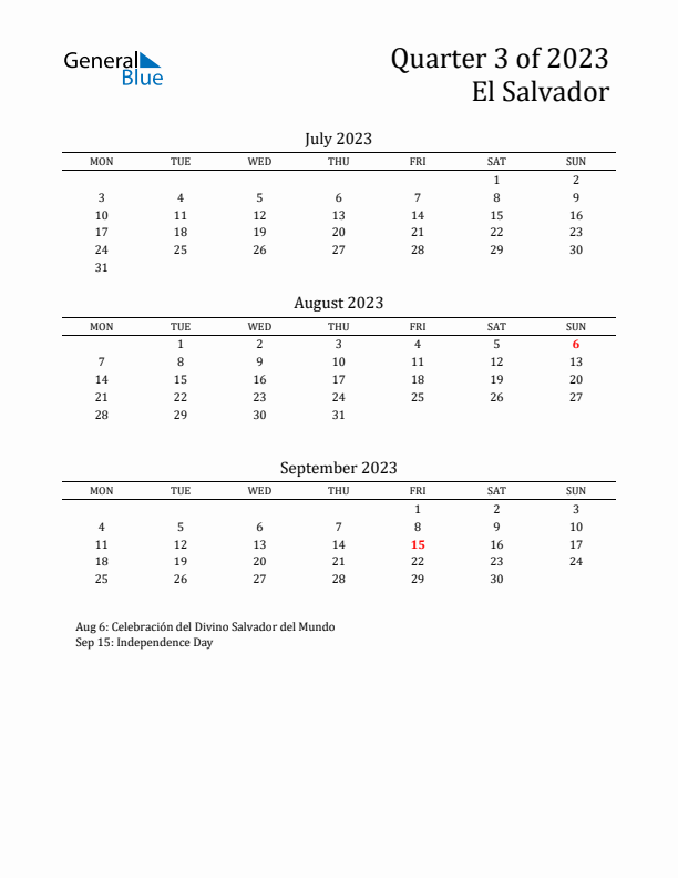 Quarter 3 2023 El Salvador Quarterly Calendar