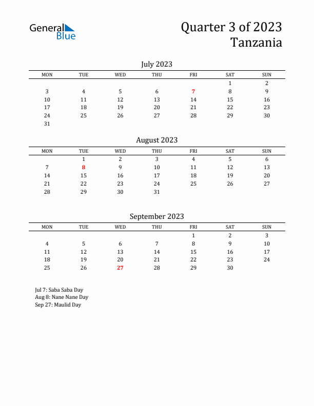 Quarter 3 2023 Tanzania Quarterly Calendar