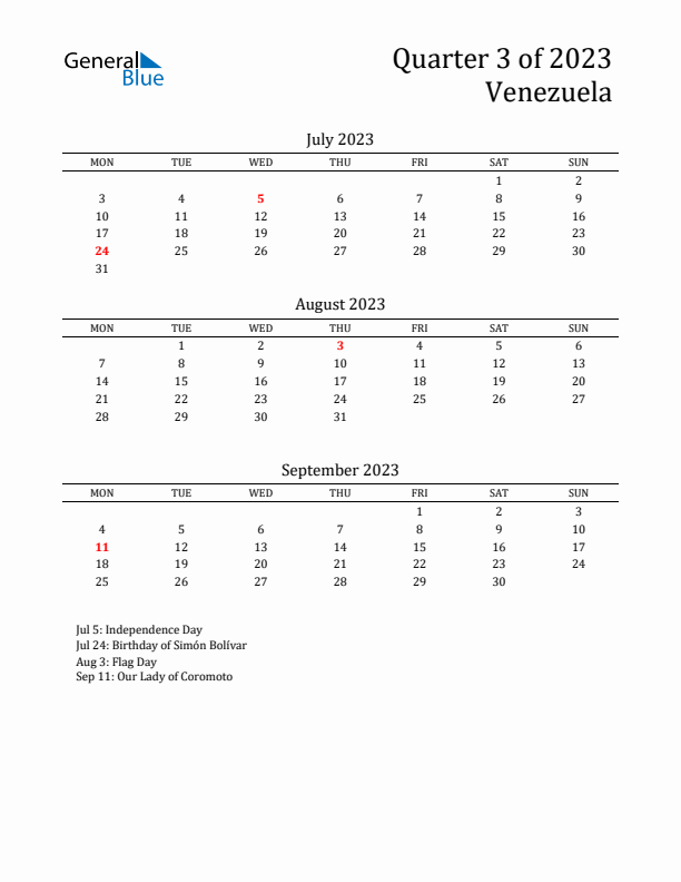 Quarter 3 2023 Venezuela Quarterly Calendar