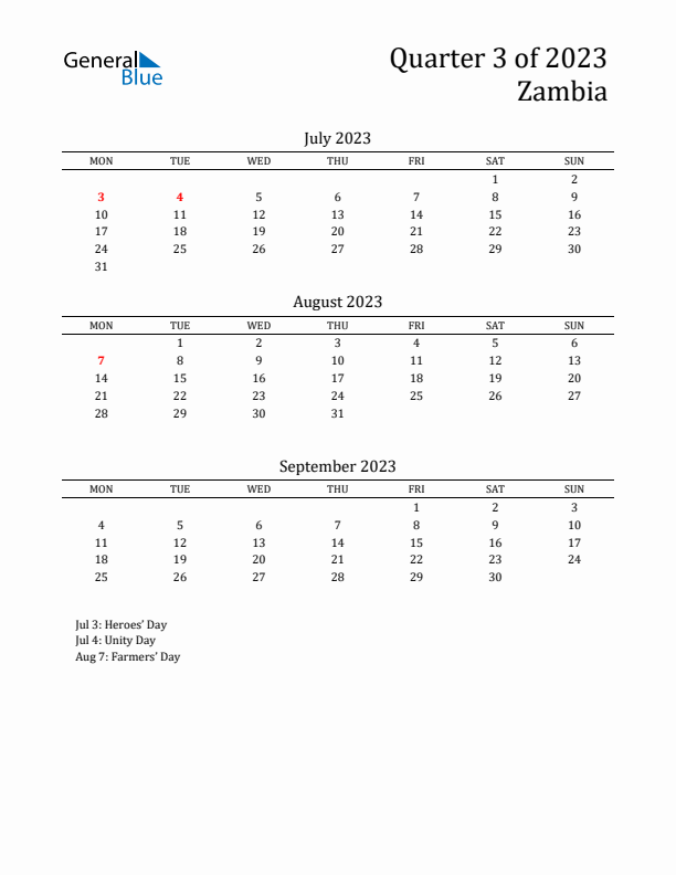 Quarter 3 2023 Zambia Quarterly Calendar