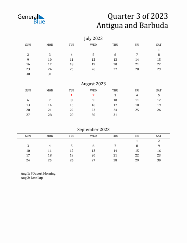 Quarter 3 2023 Antigua and Barbuda Quarterly Calendar