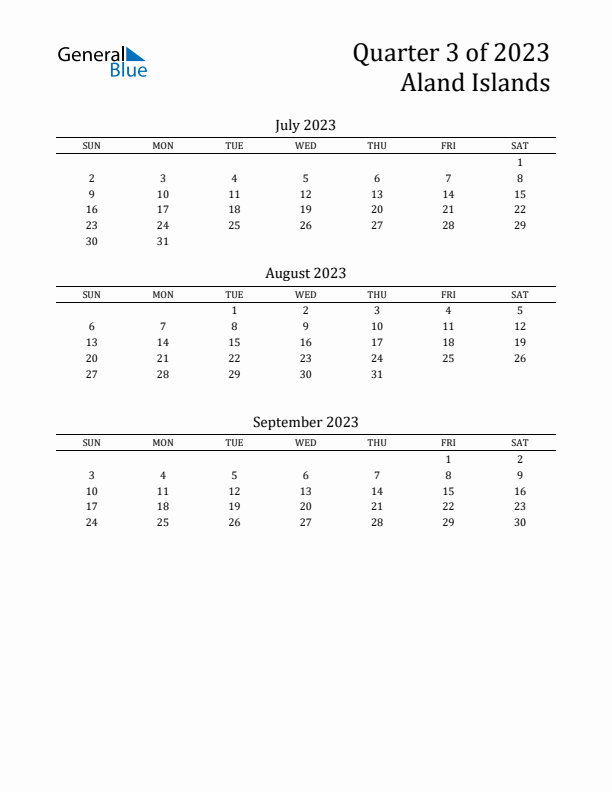 Quarter 3 2023 Aland Islands Quarterly Calendar