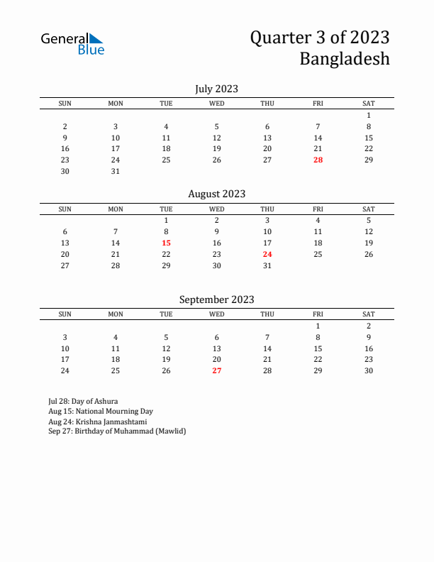 Quarter 3 2023 Bangladesh Quarterly Calendar