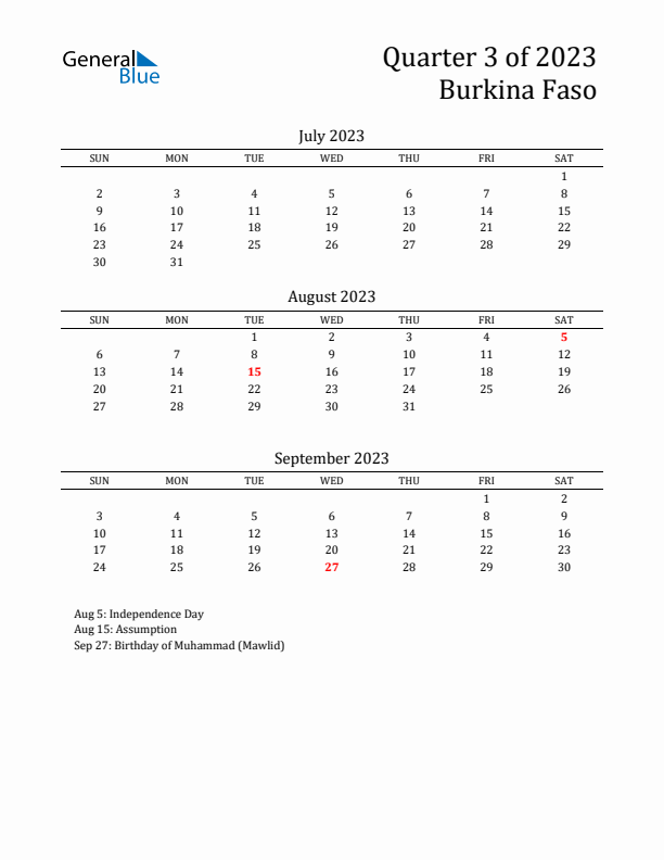 Quarter 3 2023 Burkina Faso Quarterly Calendar