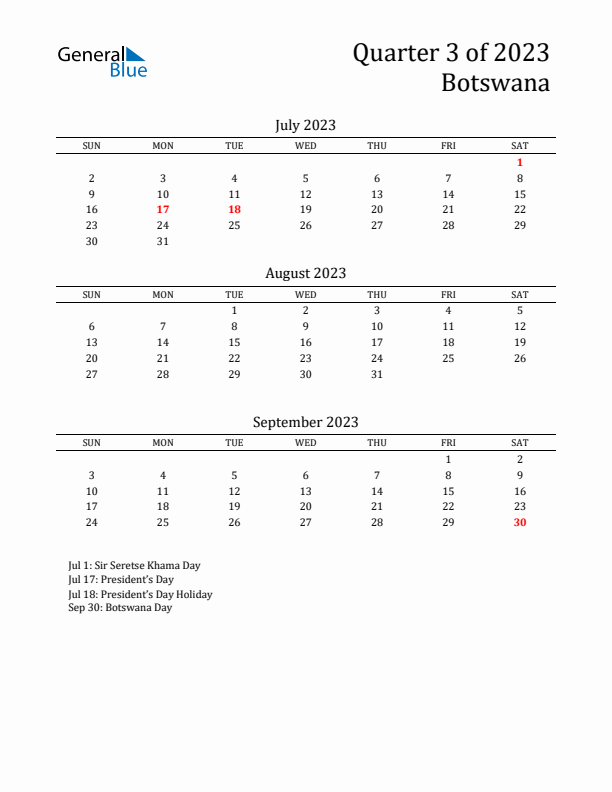 Quarter 3 2023 Botswana Quarterly Calendar