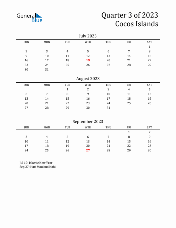 Quarter 3 2023 Cocos Islands Quarterly Calendar