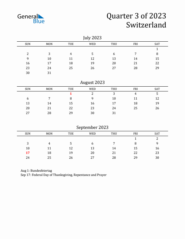 Quarter 3 2023 Switzerland Quarterly Calendar