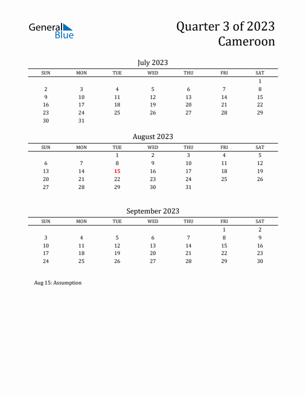 Quarter 3 2023 Cameroon Quarterly Calendar