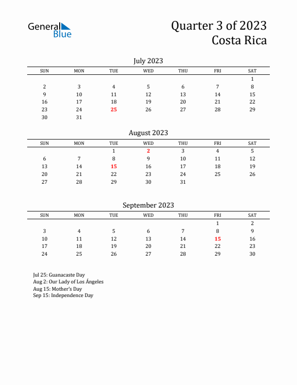 Quarter 3 2023 Costa Rica Quarterly Calendar