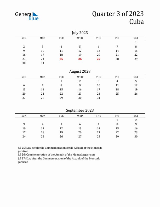 Quarter 3 2023 Cuba Quarterly Calendar