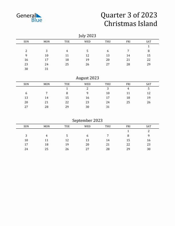 Quarter 3 2023 Christmas Island Quarterly Calendar