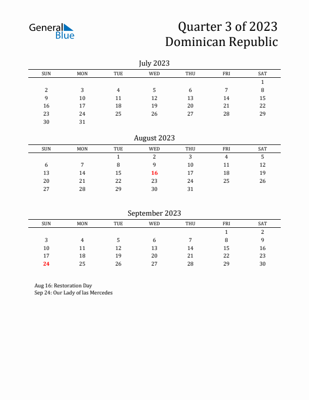 Quarter 3 2023 Dominican Republic Quarterly Calendar