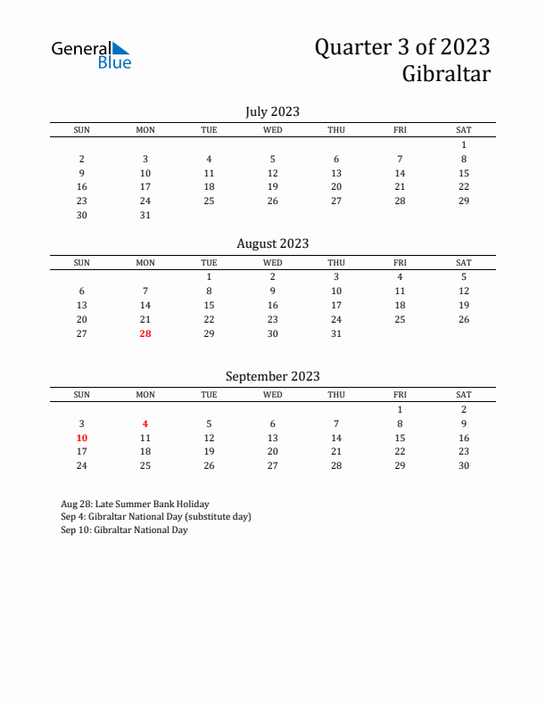 Quarter 3 2023 Gibraltar Quarterly Calendar