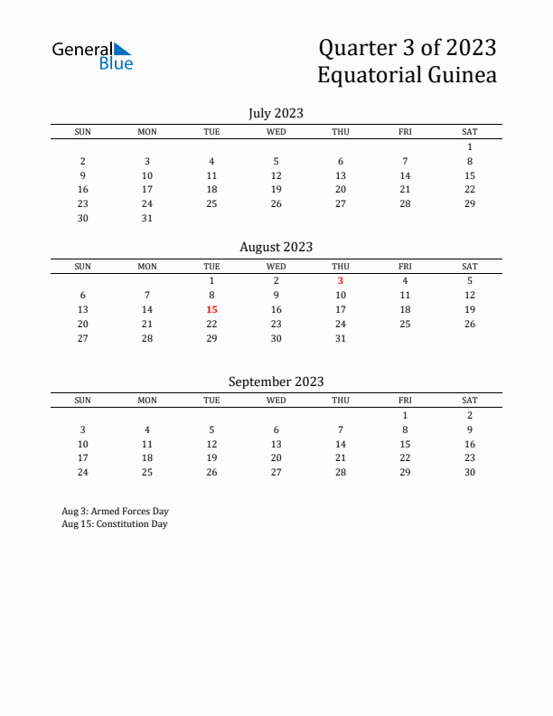 Quarter 3 2023 Equatorial Guinea Quarterly Calendar