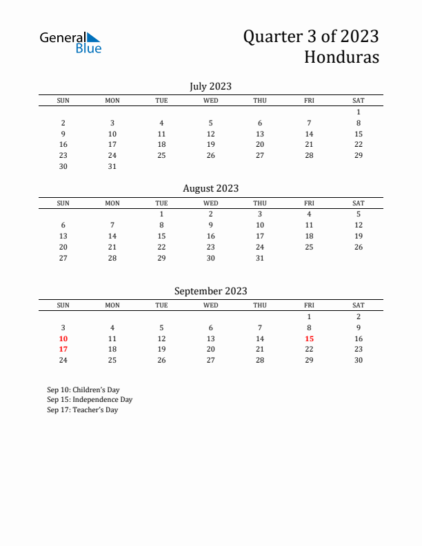 Quarter 3 2023 Honduras Quarterly Calendar