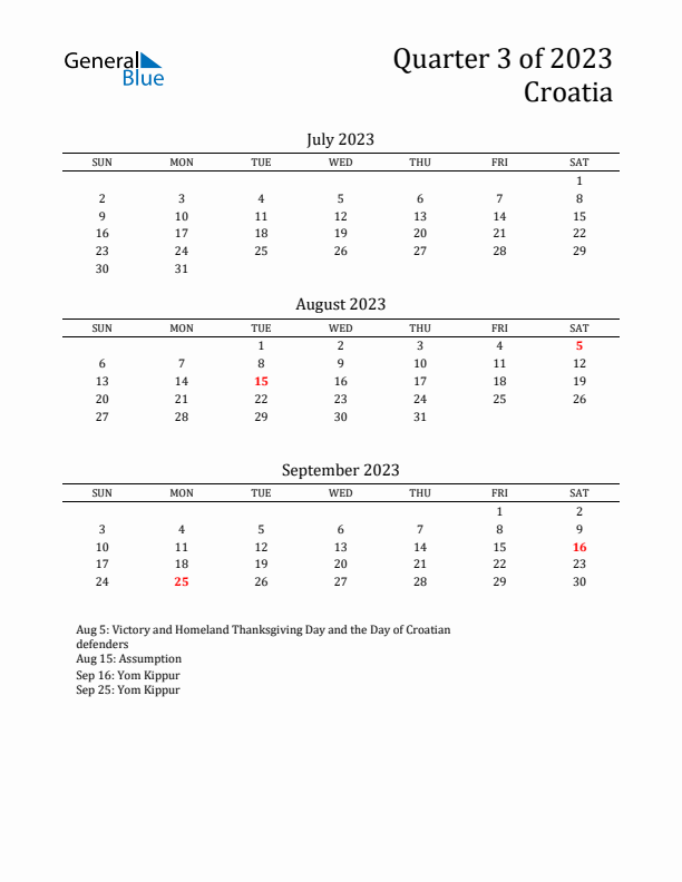 Quarter 3 2023 Croatia Quarterly Calendar