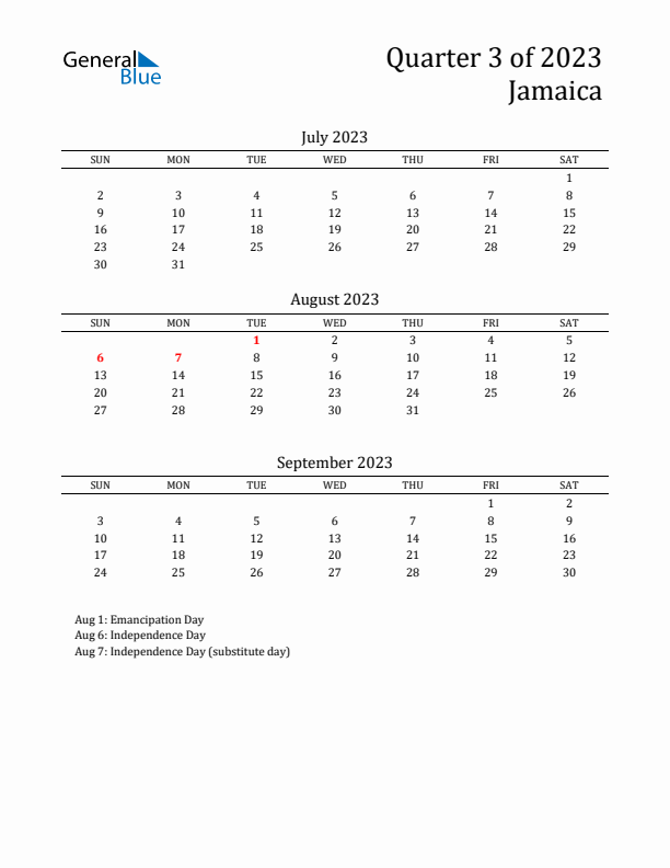 Quarter 3 2023 Jamaica Quarterly Calendar