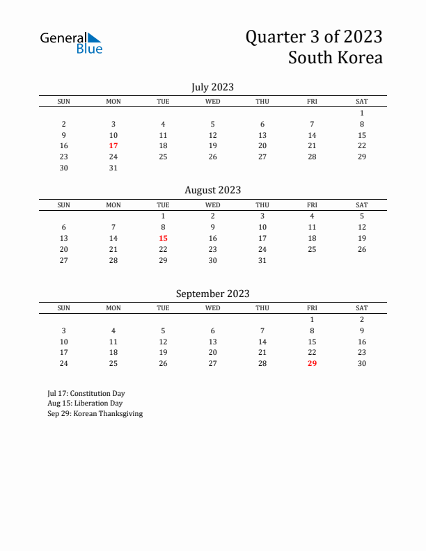 Quarter 3 2023 South Korea Quarterly Calendar