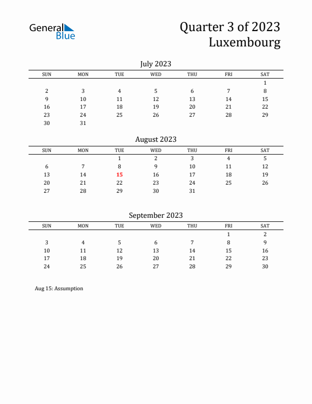 Quarter 3 2023 Luxembourg Quarterly Calendar