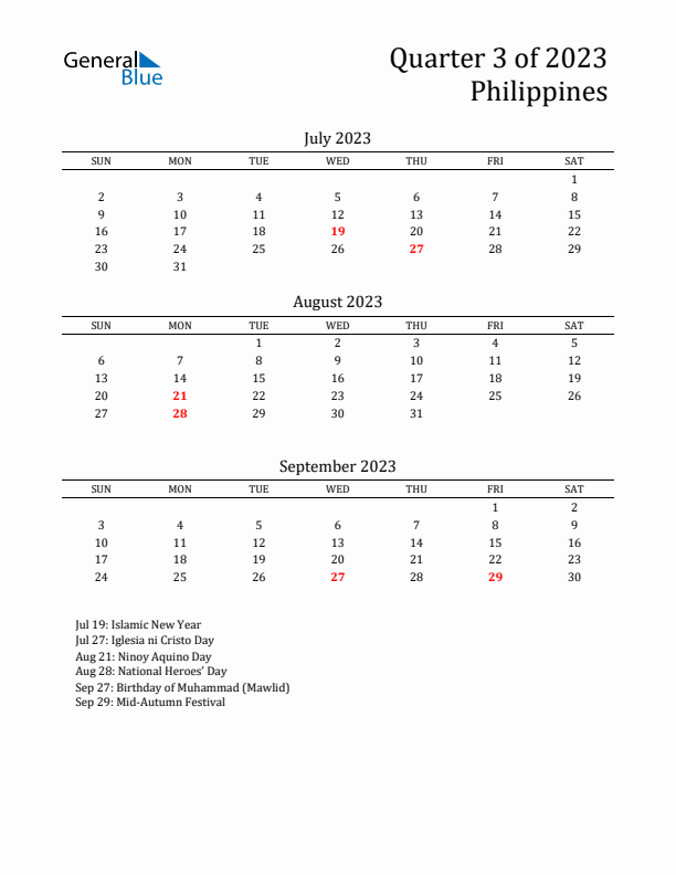 Quarter 3 2023 Philippines Quarterly Calendar