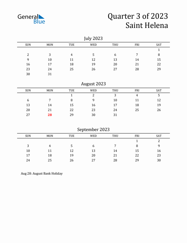 Quarter 3 2023 Saint Helena Quarterly Calendar