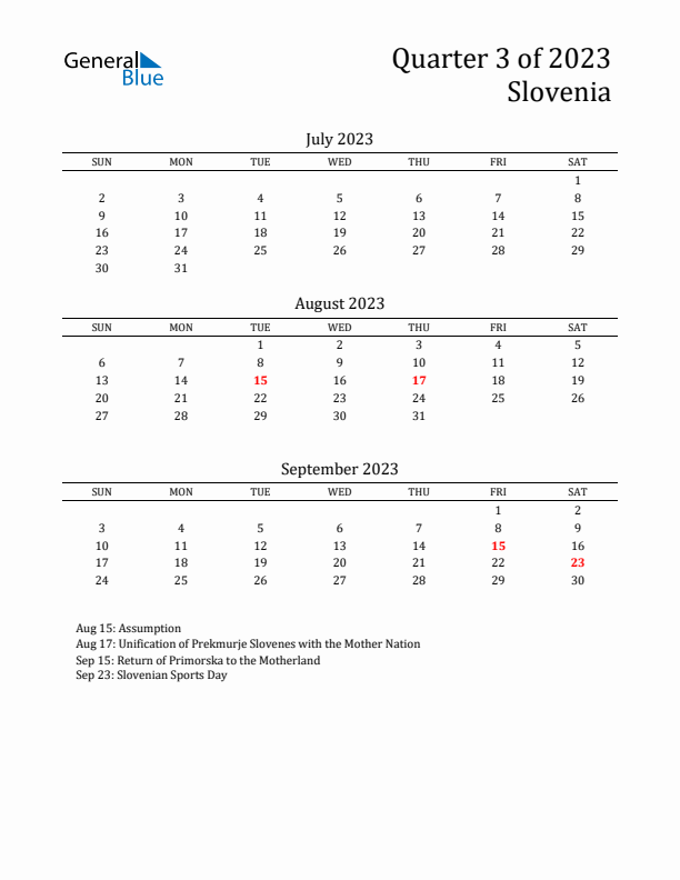 Quarter 3 2023 Slovenia Quarterly Calendar
