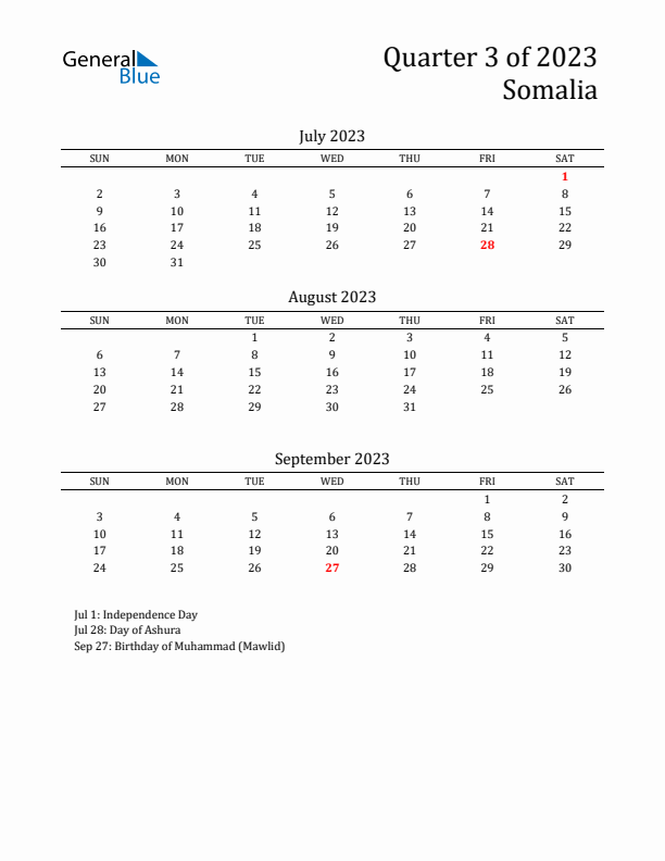 Quarter 3 2023 Somalia Quarterly Calendar