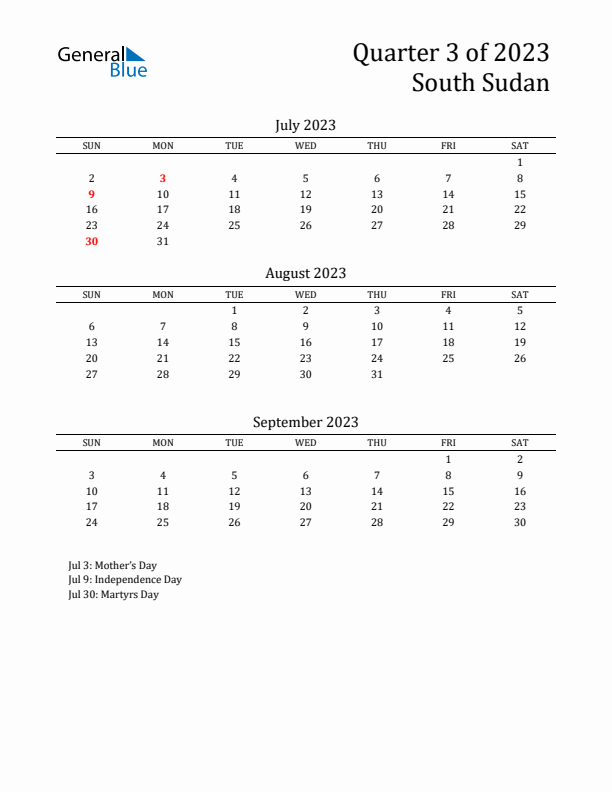 Quarter 3 2023 South Sudan Quarterly Calendar