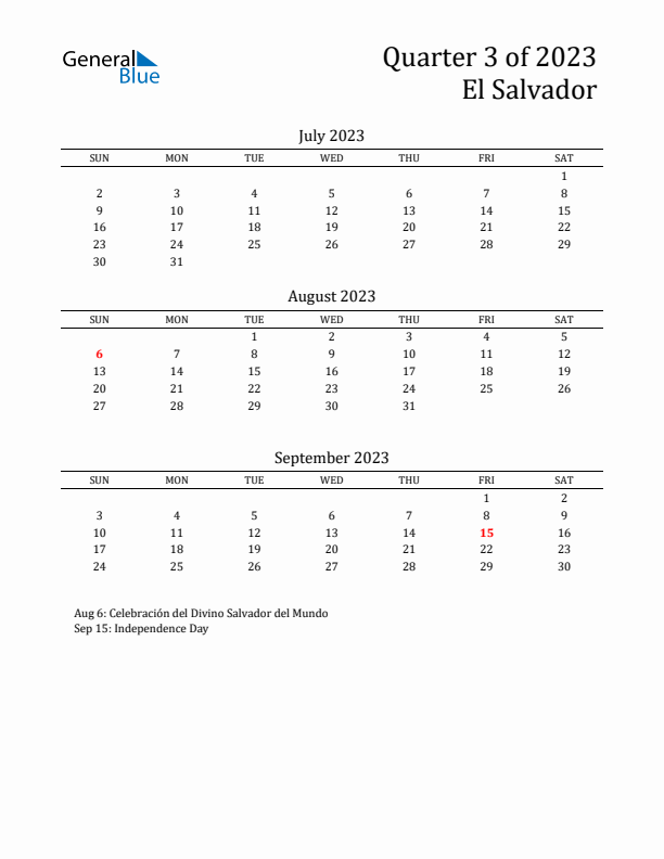 Quarter 3 2023 El Salvador Quarterly Calendar