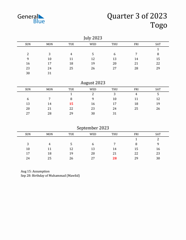 Quarter 3 2023 Togo Quarterly Calendar