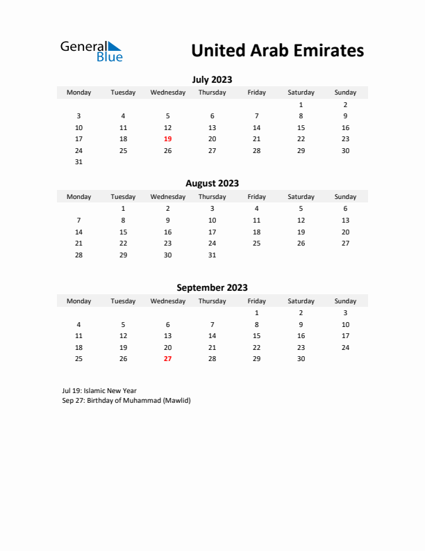 Printable Quarterly Calendar with Notes and United Arab Emirates Holidays- Q3 of 2023