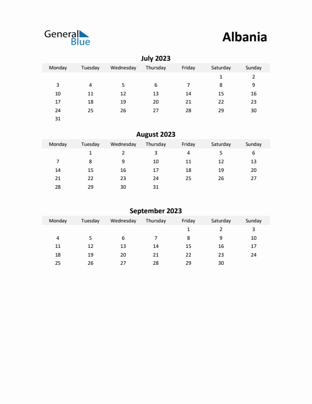 Printable Quarterly Calendar with Notes and Albania Holidays- Q3 of 2023