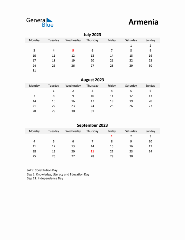 Printable Quarterly Calendar with Notes and Armenia Holidays- Q3 of 2023