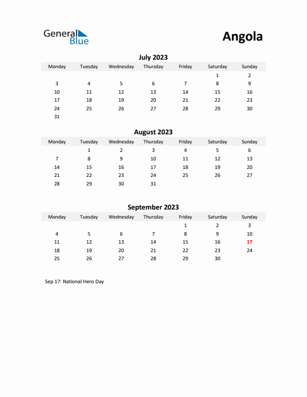 Printable Quarterly Calendar with Notes and Angola Holidays- Q3 of 2023