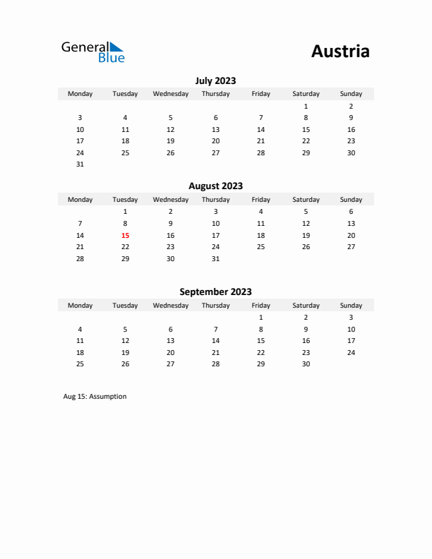 Printable Quarterly Calendar with Notes and Austria Holidays- Q3 of 2023