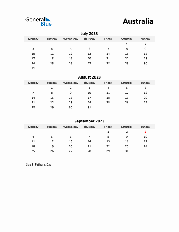 Printable Quarterly Calendar with Notes and Australia Holidays- Q3 of 2023