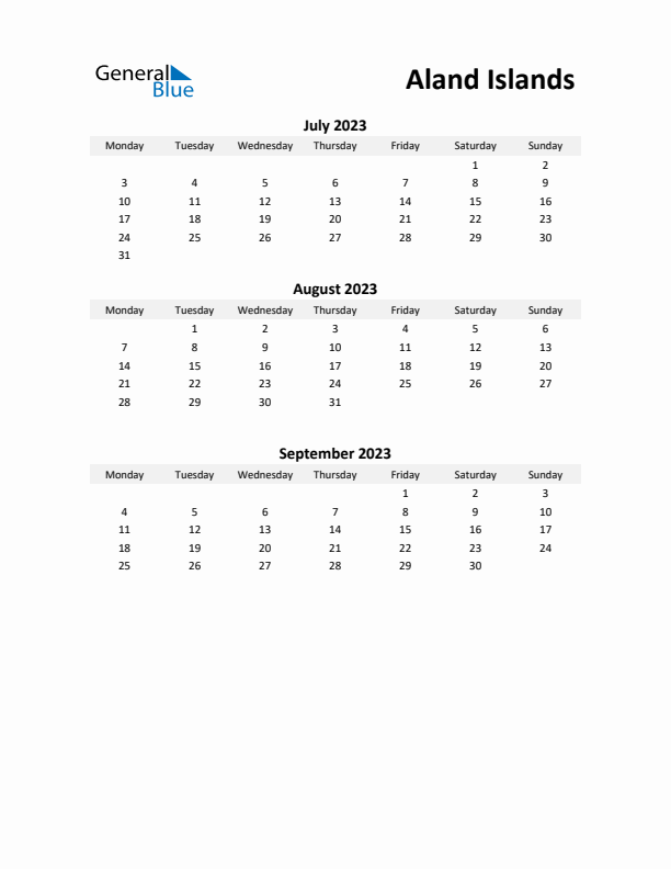 Printable Quarterly Calendar with Notes and Aland Islands Holidays- Q3 of 2023