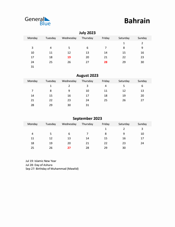 Printable Quarterly Calendar with Notes and Bahrain Holidays- Q3 of 2023