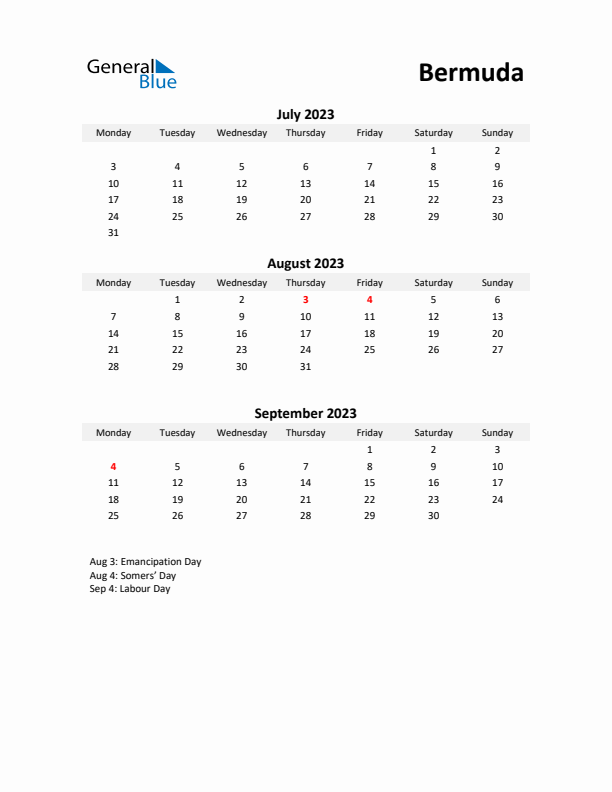 Printable Quarterly Calendar with Notes and Bermuda Holidays- Q3 of 2023