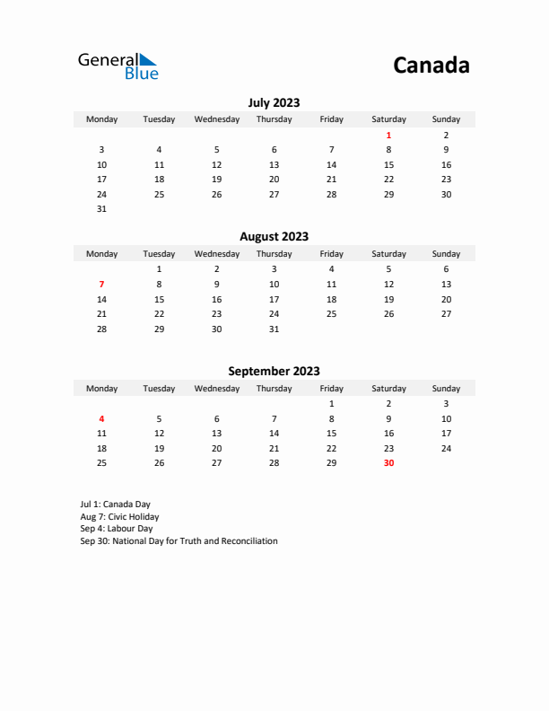 Printable Quarterly Calendar with Notes and Canada Holidays- Q3 of 2023