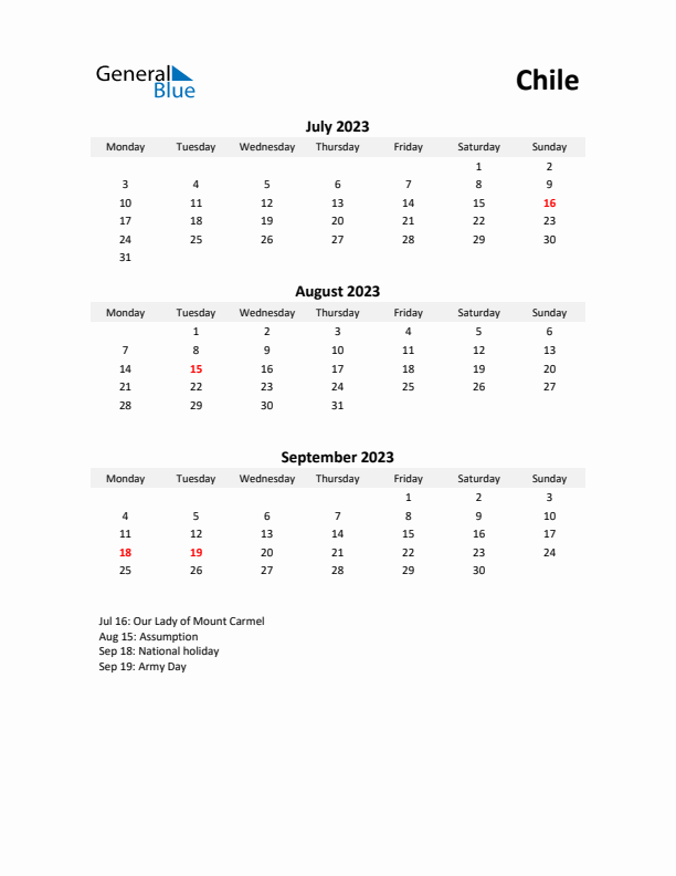 Printable Quarterly Calendar with Notes and Chile Holidays- Q3 of 2023