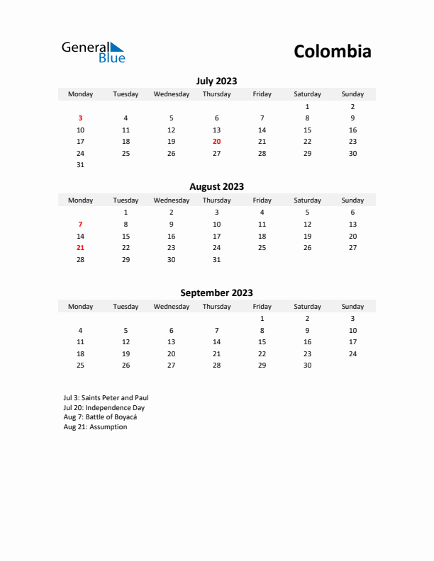 Printable Quarterly Calendar with Notes and Colombia Holidays- Q3 of 2023