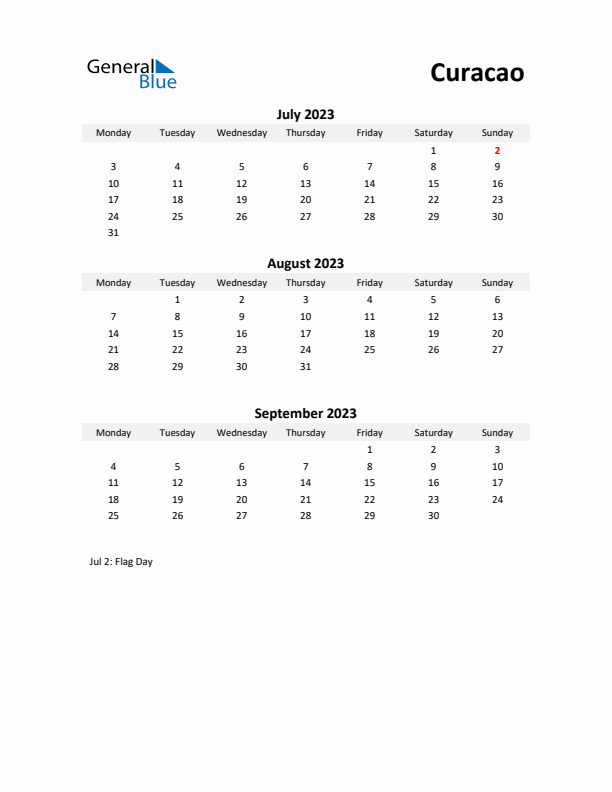 Printable Quarterly Calendar with Notes and Curacao Holidays- Q3 of 2023