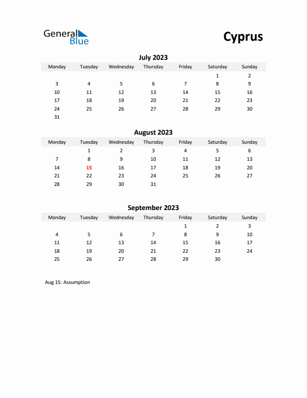 Printable Quarterly Calendar with Notes and Cyprus Holidays- Q3 of 2023