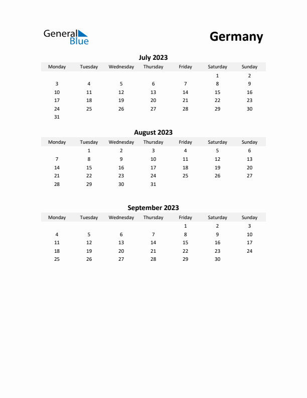 Printable Quarterly Calendar with Notes and Germany Holidays- Q3 of 2023