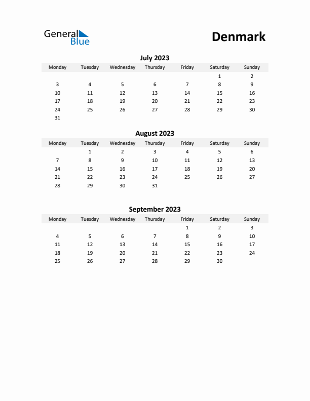 Printable Quarterly Calendar with Notes and Denmark Holidays- Q3 of 2023