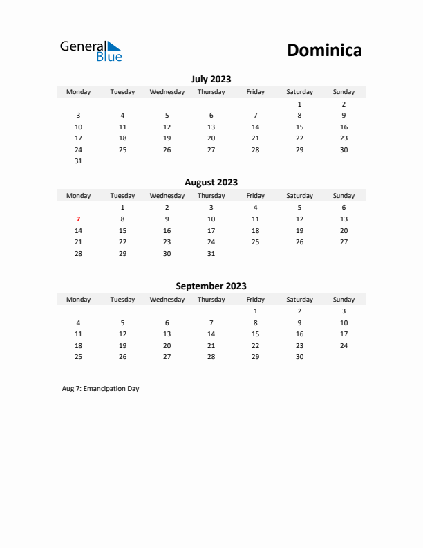 Printable Quarterly Calendar with Notes and Dominica Holidays- Q3 of 2023