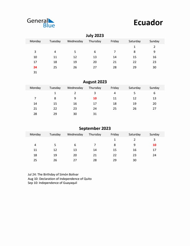 Printable Quarterly Calendar with Notes and Ecuador Holidays- Q3 of 2023