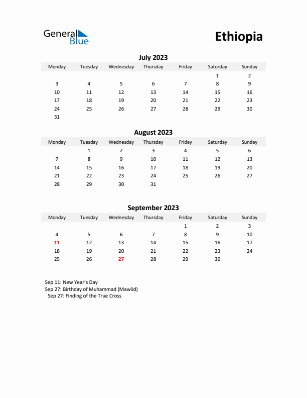 Printable Quarterly Calendar with Notes and Ethiopia Holidays- Q3 of 2023